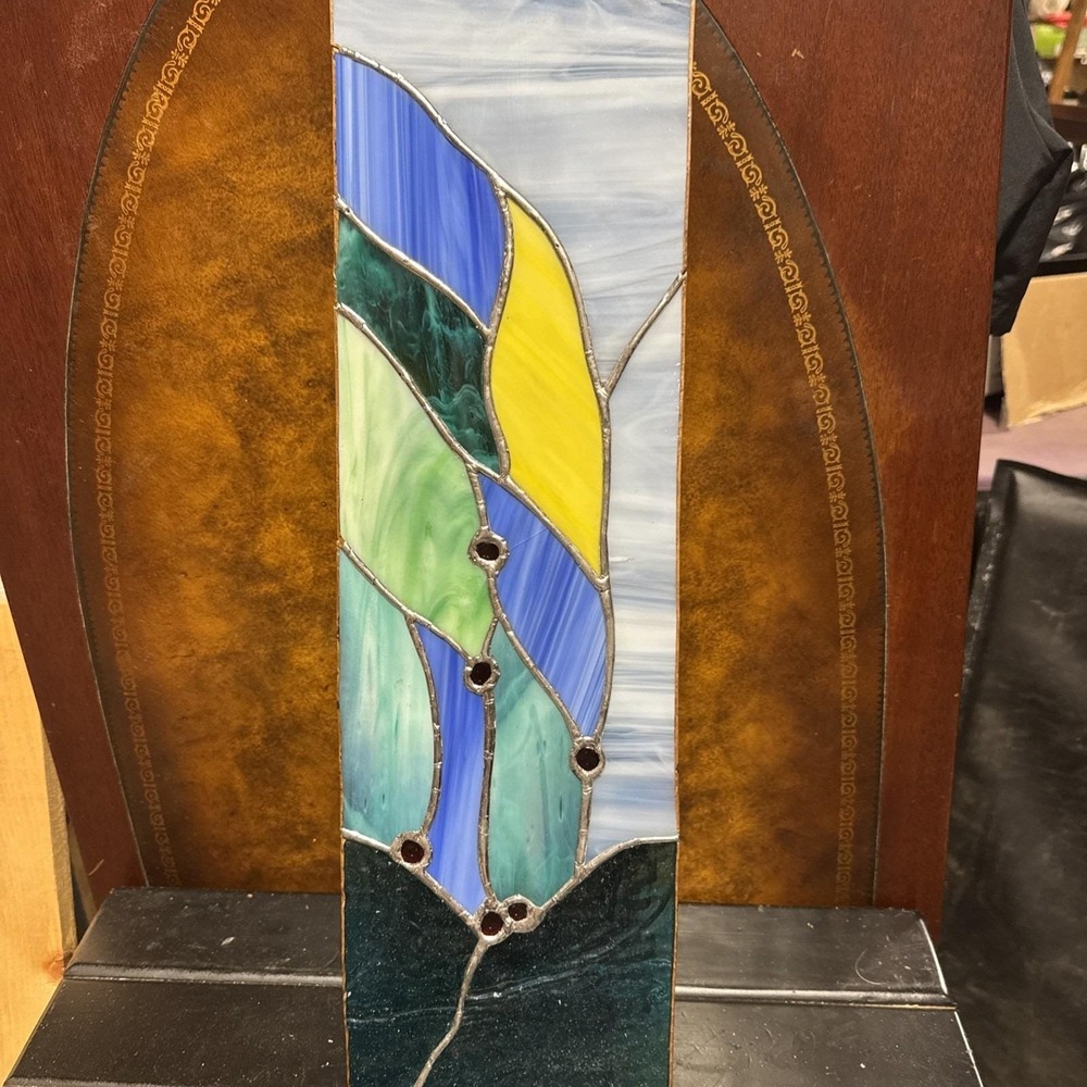 Vintage Stained Glass Mosaic Window Abstract  Contemporary Panel OOAK 20" T 6"W